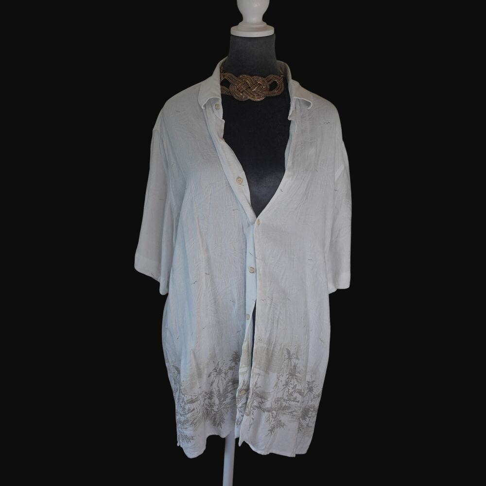 Tommy Bahama Silk Camp Shirt L White Hawaiian Floral Beach Resort Button Up